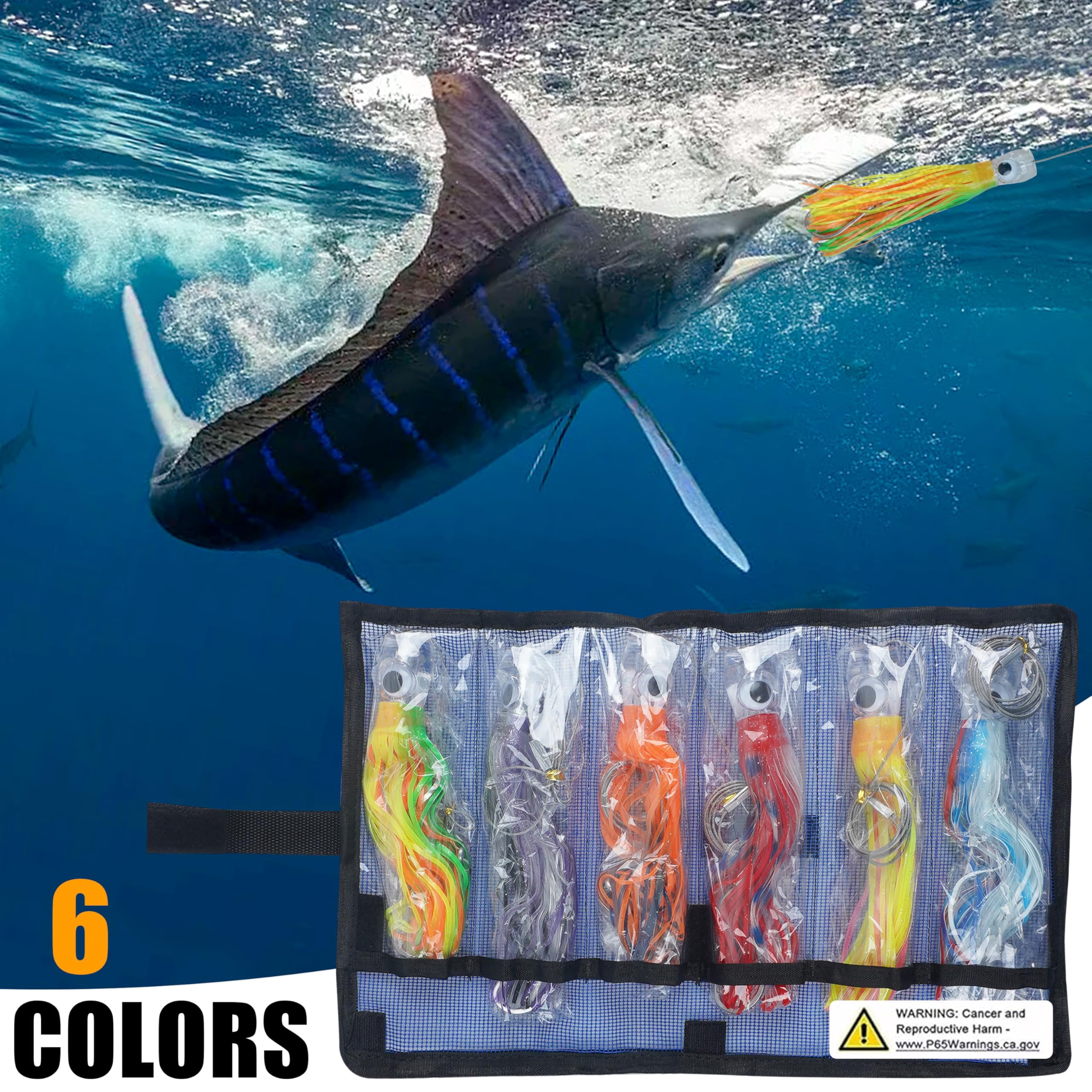 6pcs Trolling Lure Saltwater, 9inch Squid Skirted Deep Sea Fishing Lure Kit Wire Rigged Tuna Marlin Wahoo Shark Mahi Trolling Fishing Lures with Mesh Bag