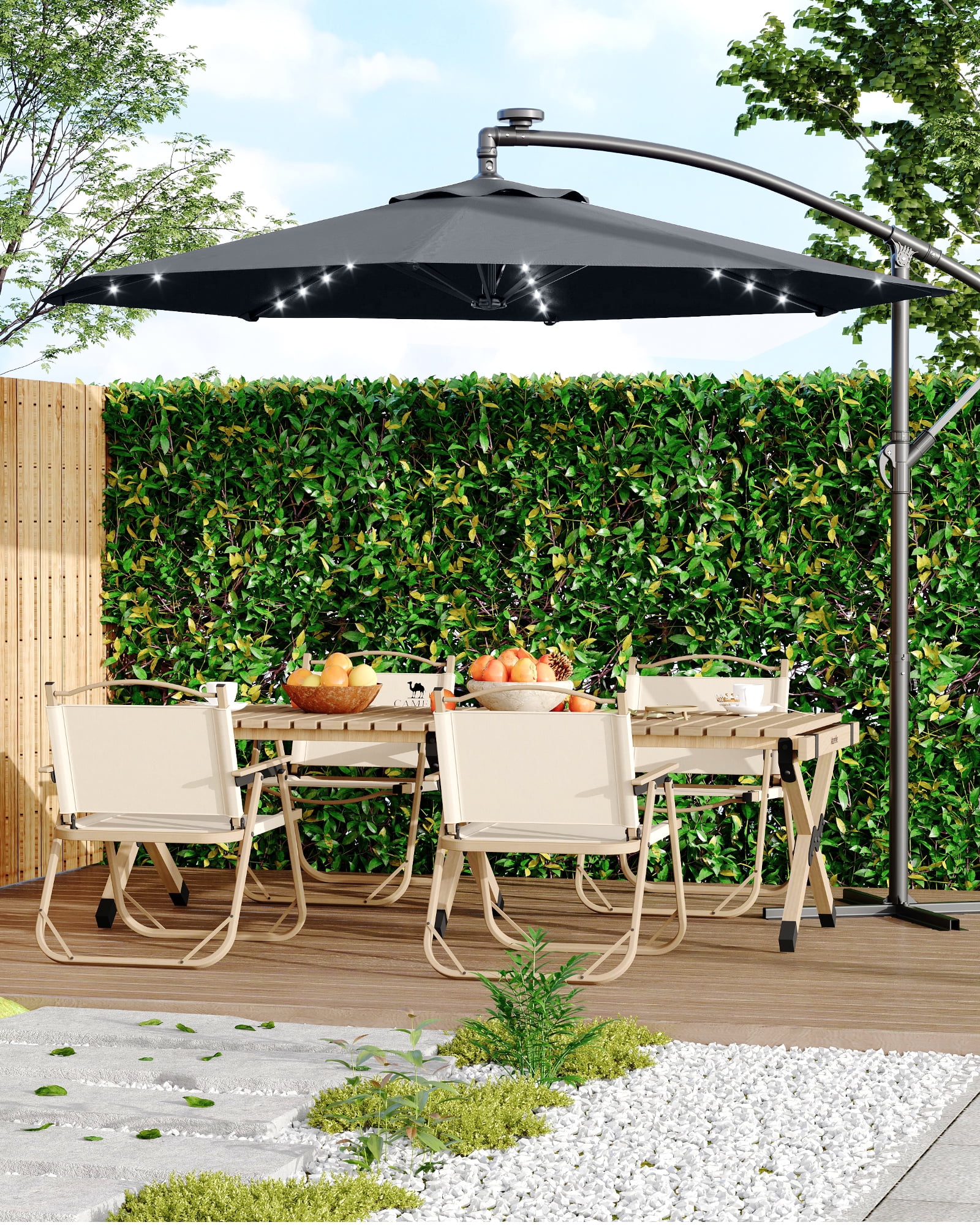 10ft Solar LED Offset Hanging Market Patio Umbrella for Backyard, Poolside, Lawn and Garden w/Easy Tilt Adjustment, UV Protection, Sturdy 8 Ribs - with 32 LED Lights