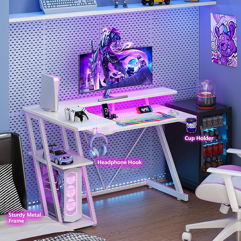 40 Inch Gaming Desk with Power Outlet & LED Lights, L Shaped Computer Gaming Table with 3 Tiers Storage Shelves, Corner Gamer Desk with Monitor Stand for Small Space,