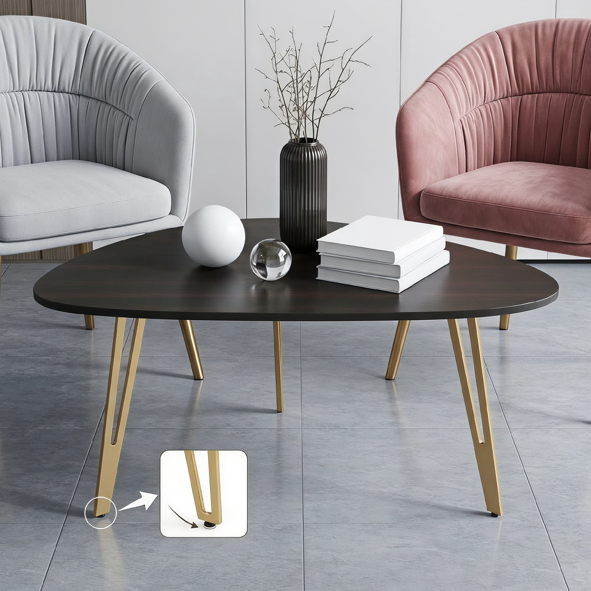 Manxile Tirangle Coffee Table with Golden Metal Legs, Modern Small Oval Coffee Table for Home Office, Black Brown Pattern