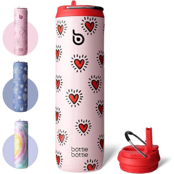 BOTTLE BOTTLE Insulated Water Bottle 24oz with Straw Lid and Handle for Sports Travel Gym Stainless Steel Water Bottles Double-Wall Vacuum Metal Leak Proof BPA-Free Heart Beats