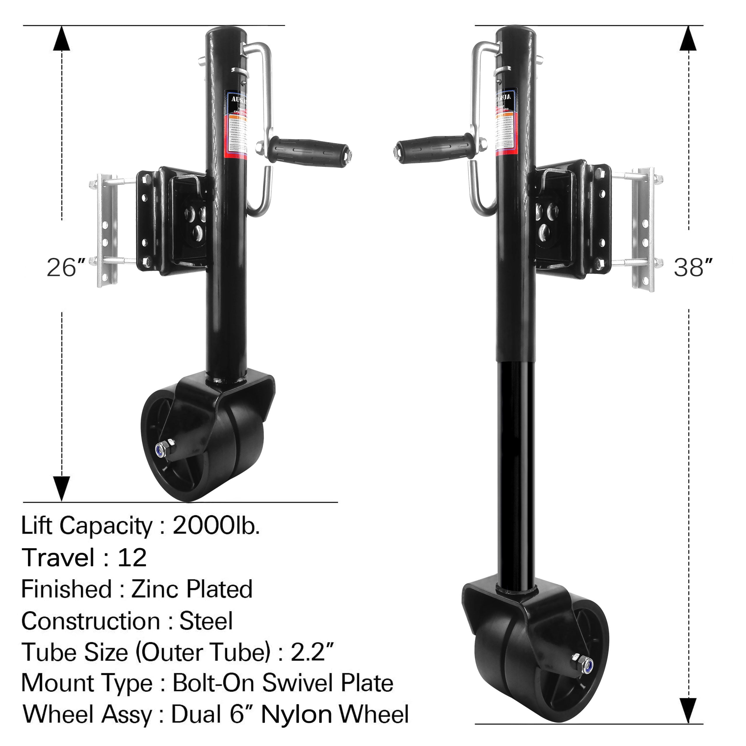Aukayne Trailer Jack with Wheel Heavy Duty 2000 lbs 12" Hand Lift for RV Boat Anti Rust Galvanized