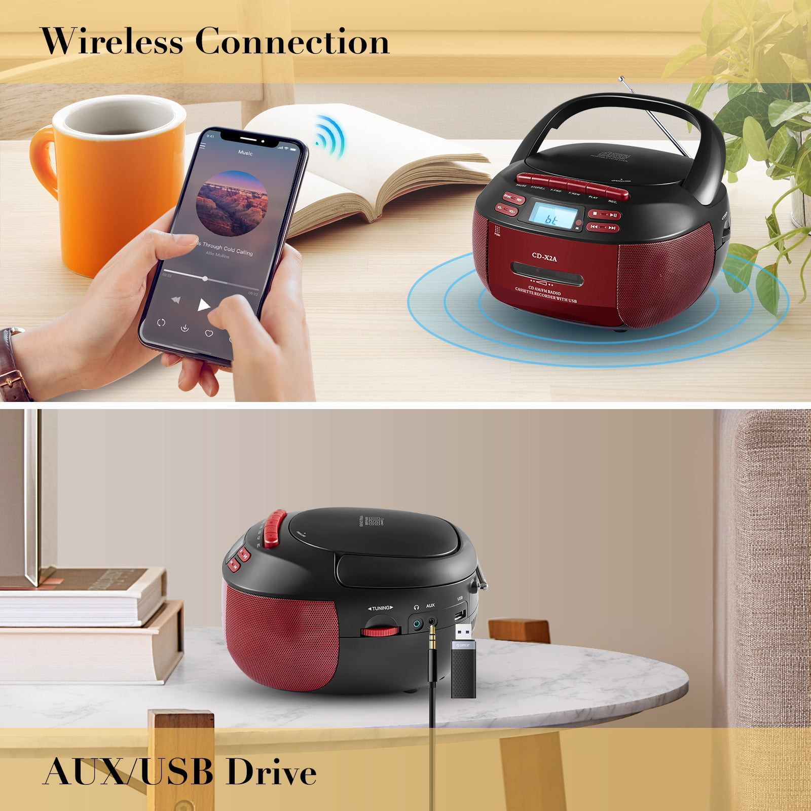 Boombox Cassette CD Player Combo with Bluetooth, Remote, AM/FM Radio, Tape Recording, Black