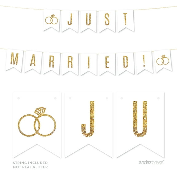Just Married! Gold Glitter Wedding Pennant Party Banner