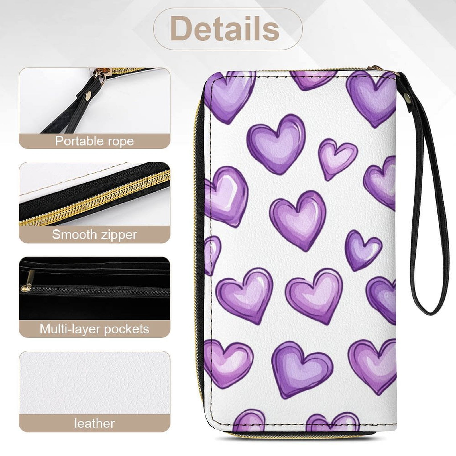 Womens Wallet Bifold Ladies Cluth Bag Wristlet Wrist Strap Long Purse Purple Hearts Design