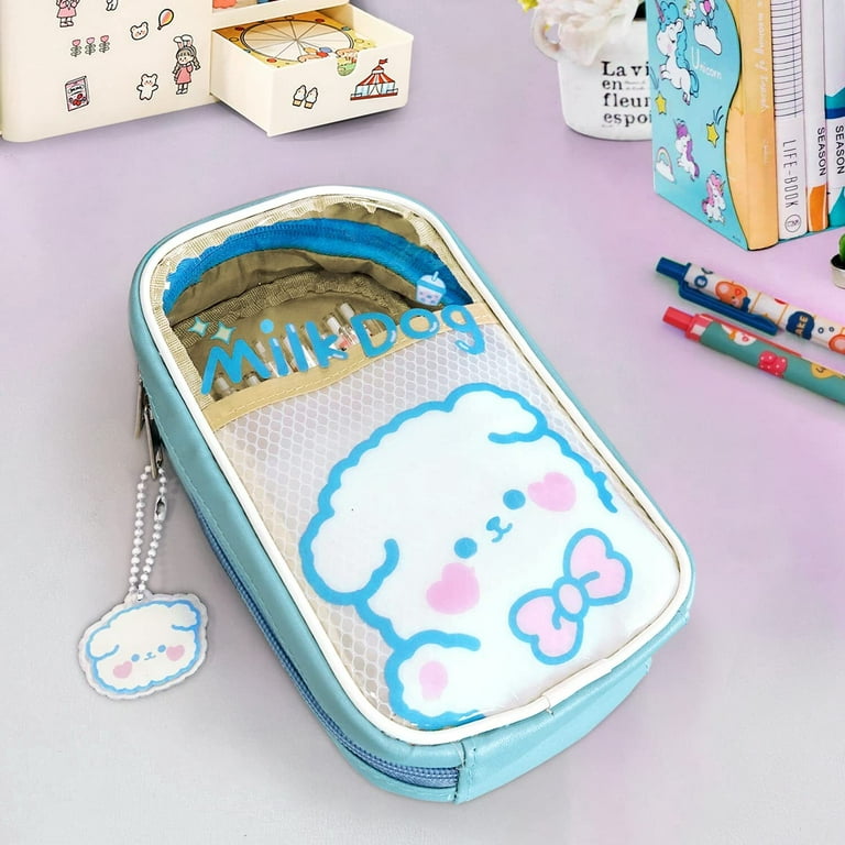 AONUOWE Kawaii Pencil Case Aesthetic Cute Clear Large Pencil Pouch School Supplies for Teen Girls (Blue Puppy)