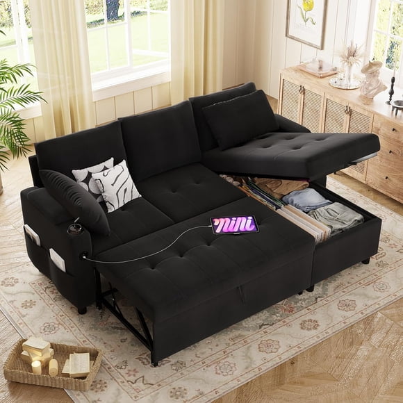 AECOJOY Sleeper Sofa Bed with Storage ,Sectional Couches with USB Charging Ports & Cup Holder,Linen Black