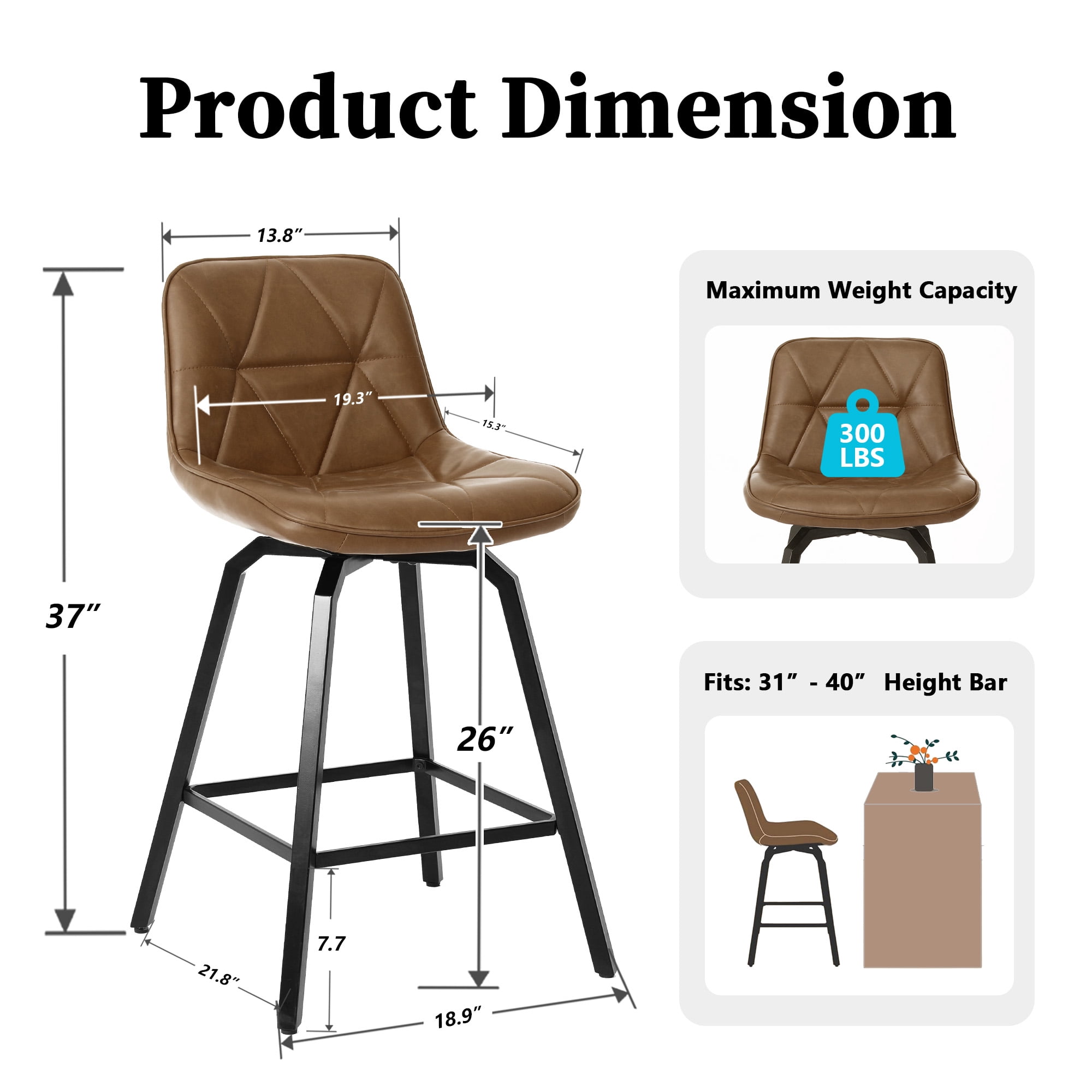 ClinQ 26 inch Swivel Counter Height Bar Stool Set of 3, Faux Leather Seat with Metal Legs and Back, Darkbrown