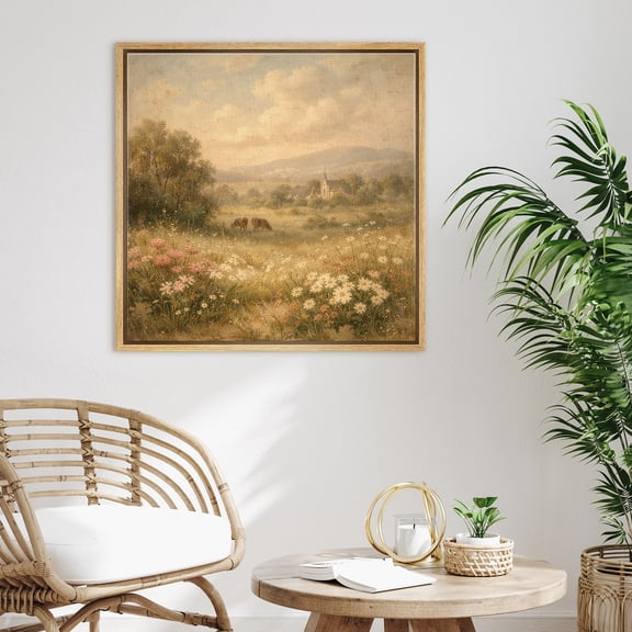 Framed Canvas Wall Art Wildflower Meadow Landscape Print for Living Room Decoration - 16"x16" NATURAL
