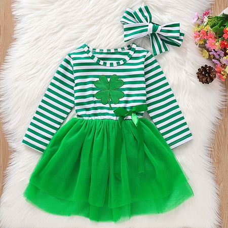 

Herrnalise Toddler Baby Girls St.Patrick s Day Striped Tulle Princess Dress+Headbands