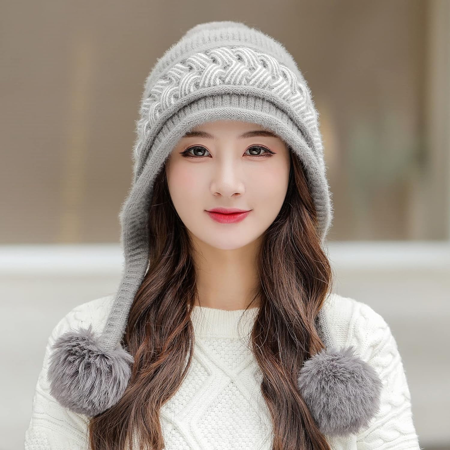 Zhengup Women Winter Peruvian Cover Ears Beanie Hat Ear Flaps Sherpa Ski Snow Hats Knit Fleece Lined 3 Pom Pom