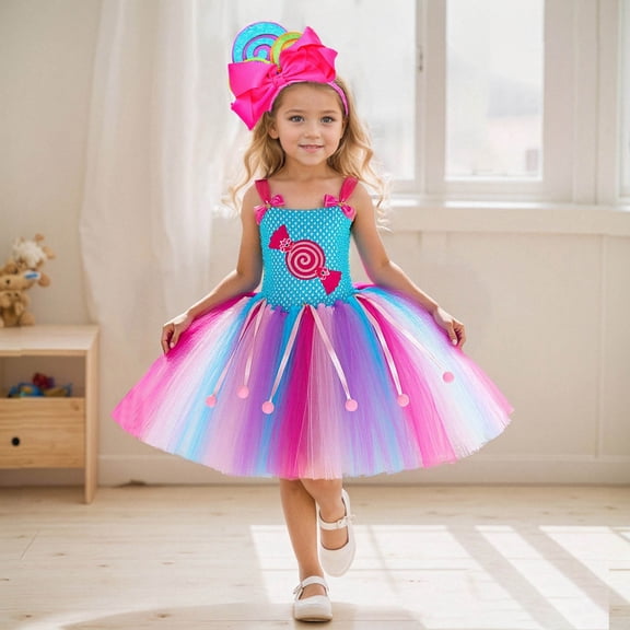 Girls Rainbow Candy Tutu Dress Set – Versatile Party Outfit for Kids Aged 1-12 Years (Sizes XS to XXL), Cute Halloween cosp^lay cost-ume with Headpiece