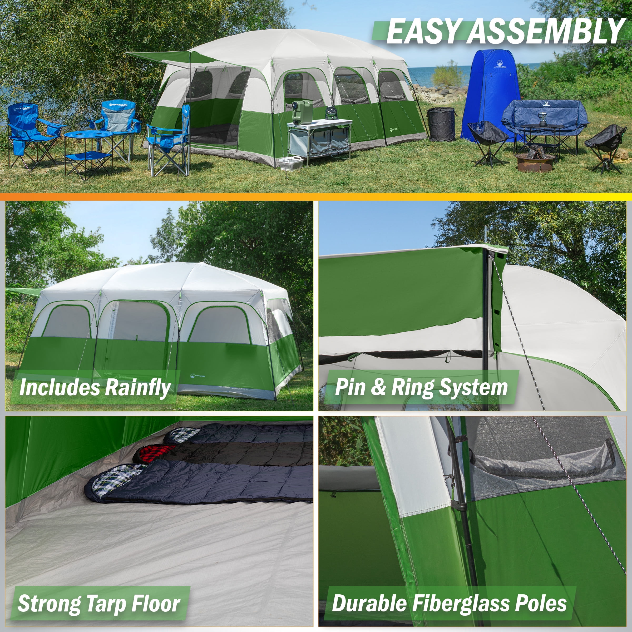 Wakeman Outdoors 12 Person Large Camping Tent - Tall Family Cabin Shelter with Room Dividers, Green
