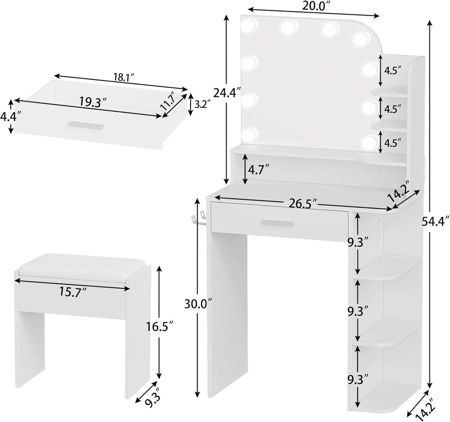 makeapile Makeup Vanity with Chair, Small Vanity Desk with Mirror , Lights 3 Colors and Power Outlet, Compact Vanity Table for Small Space, White