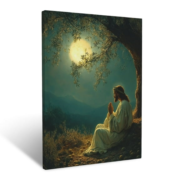 CozyNet Jesus Praying In A Glowing Olive Garden Under The Soft Moonlight Wall Art Prints With Frame Canvas Perfect for Living Room & Bedroom, Ready to Hang, Wall Decor 12"x16"