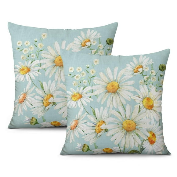 Housses de Coussin Décoratives Marguerites Blanches, Housses de Coussin Douces, Taies d'Oreiller en Lin Impression Double Face pour Canapé Sofa Décoration Extérieure, Ensemble de Taies d'Oreiller de 2, 20x20 Pouces