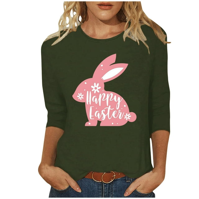 RKSTN Womens Tops Easter Cute Bunny Printed Loose Fit Tops Round Neck 3/4 Sleeve Spring Summer Soft Blouse Tops