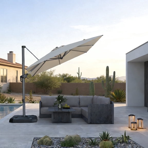 PURPLE LEAF OUTDOOR 8FT Square Cantilever Umbrella with Base - 360° Rotating Waterproof Patio Umbrella, Khaki Sun Shade for Poolside Deck Garden Backyard