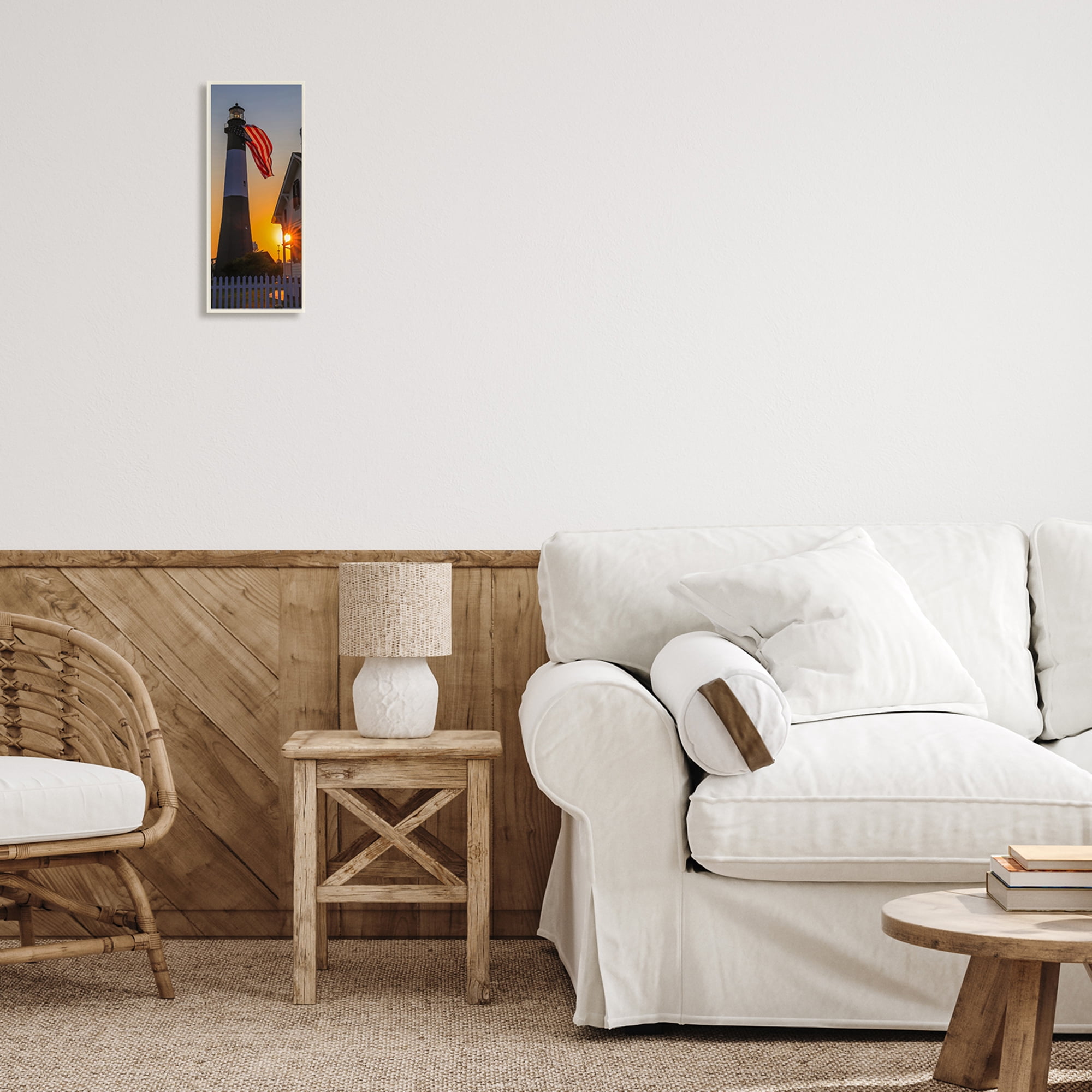 Stupell Industries Seaside American Flag Lighthouse Beacon Sunset Rays Wood Wall Art, 7 x 17, Design by Devon Davis