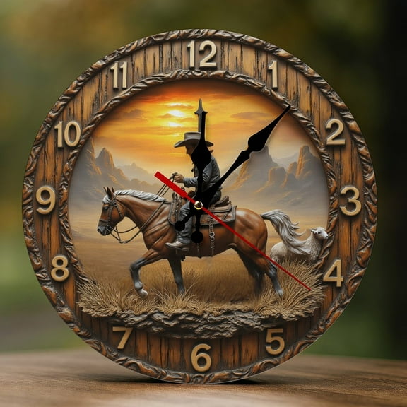 Wall Clock Decorative - Rustic Cowboy Rider-A Print 2D Vintage Wall Clocks Battery Operated Silent Non-Ticking for Bedroom, Living Room, Kitchen, Office, Classroom, 10 Inch