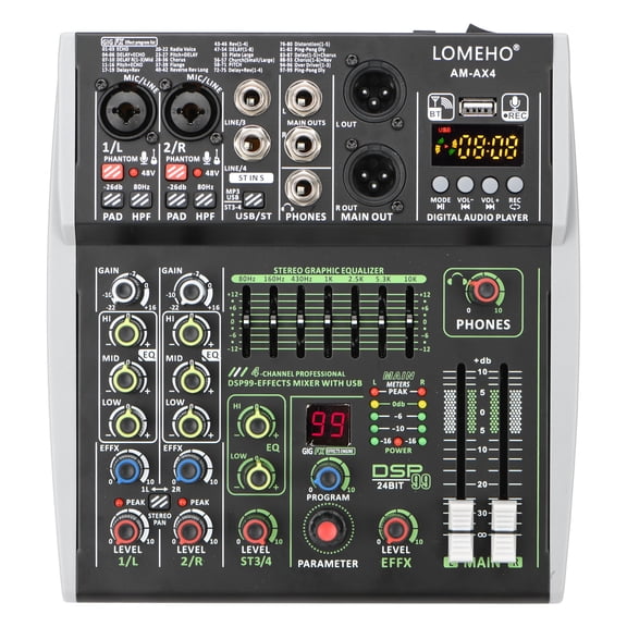 4/6 Channel Input Mixing Console 48V 99 DSP Effect Bluetooth DJ Mixer USB PC Play Record Podcast Sound Table AM-AX4 ,Easy to Operate