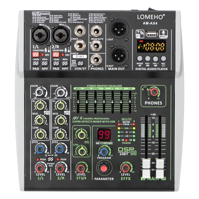4/6 Channel Input Mixing Console 48V 99 DSP Effect Bluetooth DJ Mixer USB PC Play Record Podcast Sound Table AM-AX4