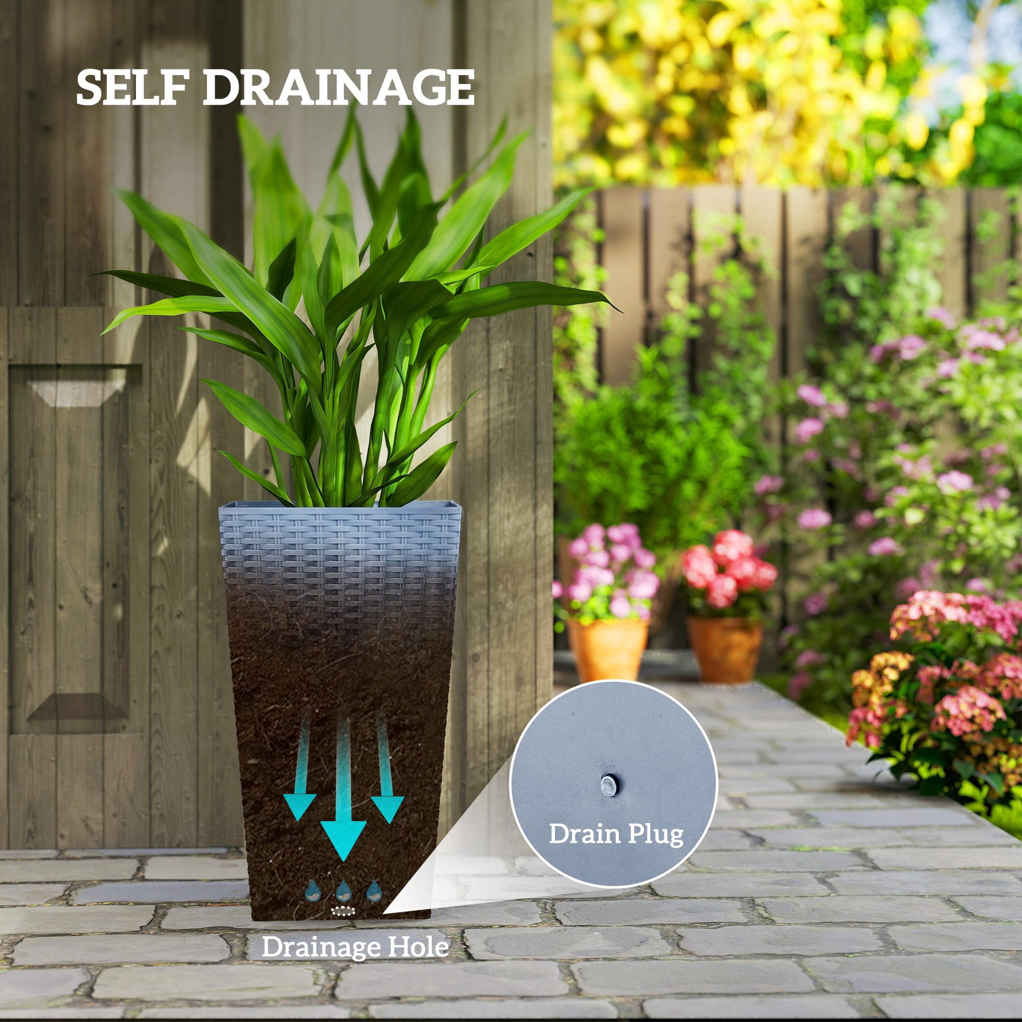 Outsunny Set of 3 Tall Planters with Drainage Holes, Outdoor & Indoor Flower Pot Set for Front Door, Entryway, Patio and Deck, Light Gray