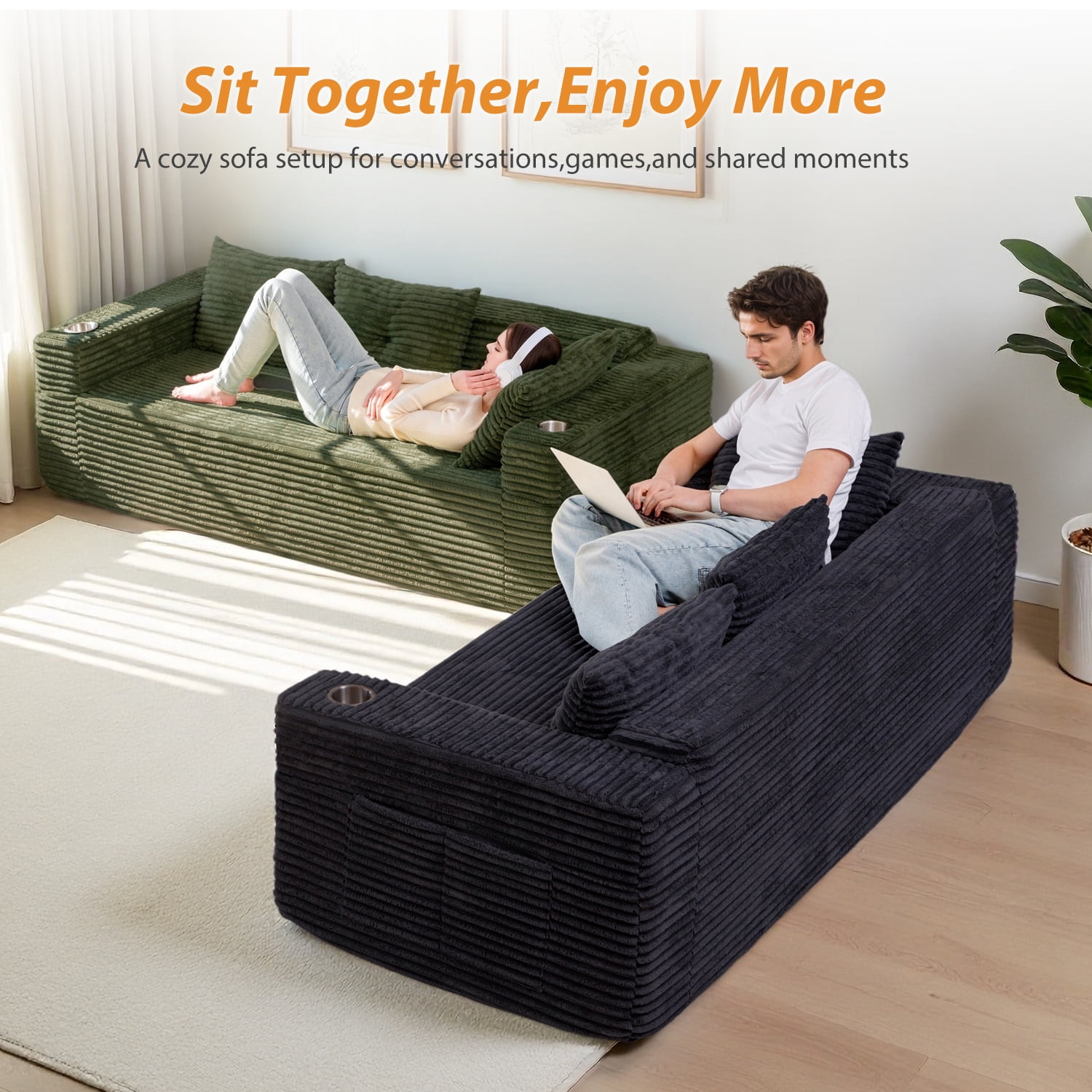 BYBYME 78.7" Corduroy Cloud Floor Sofa,Modular Comfy Small Cloud Couch for Small Spaces,Boneless Sofa for Living Room,No Assembly,3-Seater,Black