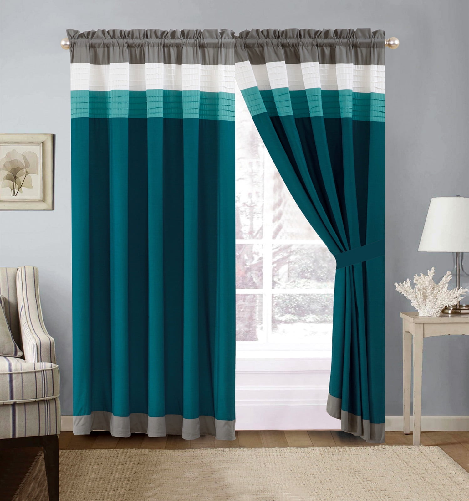 4Pc Quinn Pleated Stripe Curtain Set Teal Green Blue Gray White Sheer