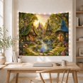 thumbnail image 5 of Woodland Cottage Village Around a Clear Lily Pond, Whimsical Fantasy for Nature Lovers, Fairy Garden Decor, Housewarming Gift, Tapestry Wall Hanging for Bedroom and Studio, 5 of 7