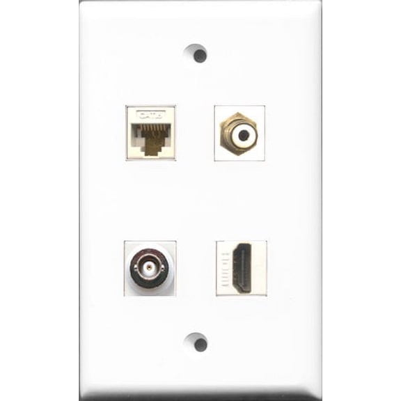 RiteAV 1 Port HDMI and 1 Port RCA White and 1 Port BNC and 1 Port Cat6 Ethernet White Wall Plate