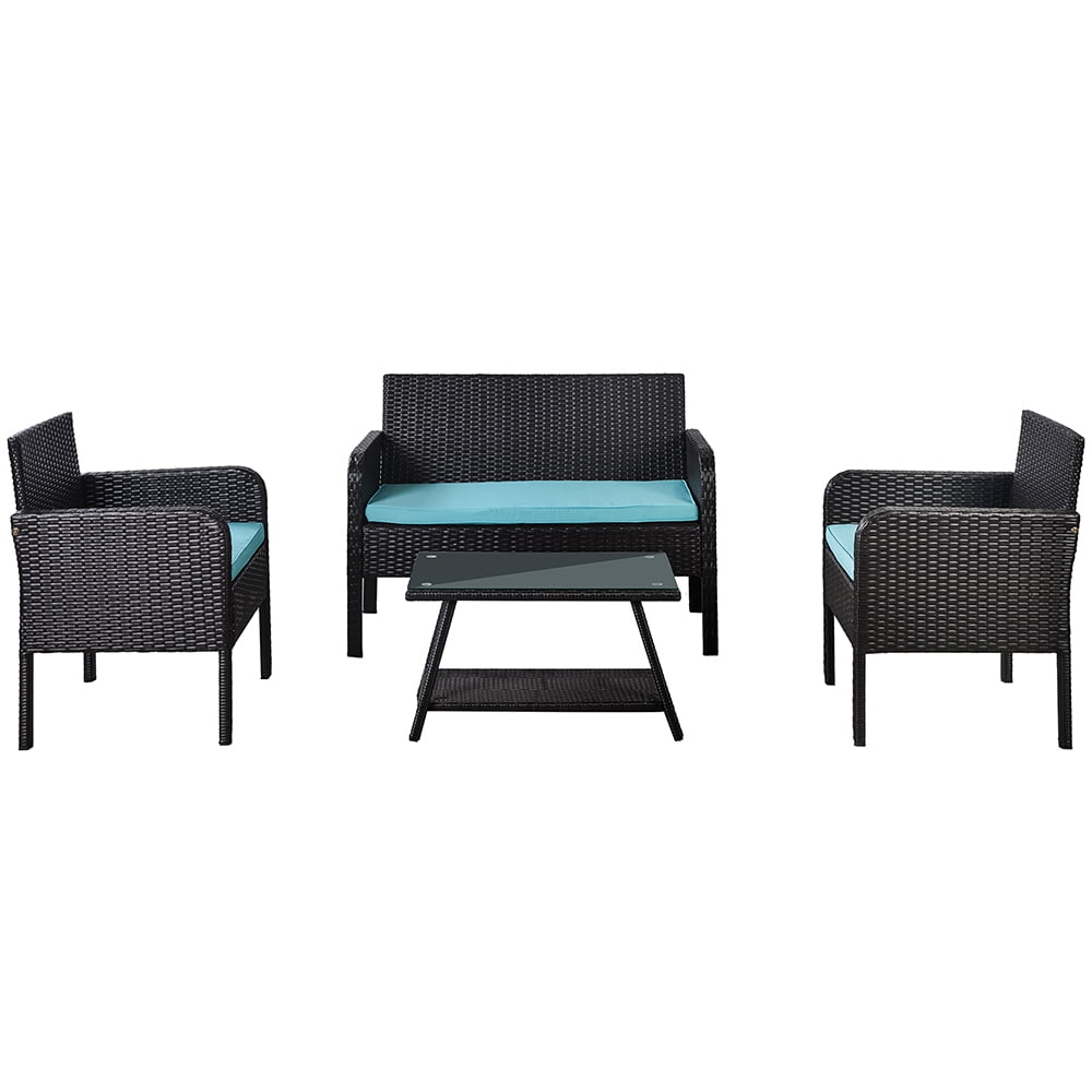 Kepooman 4 Piece Patio Ratten Dining Set, Outdoor Conversation Sofa Seating Set with Cushions - Blue Kepooman 4 Piece Patio Ratten Dining Set, Outdoor Conversation Sofa Seating Set with Cushions - Blue