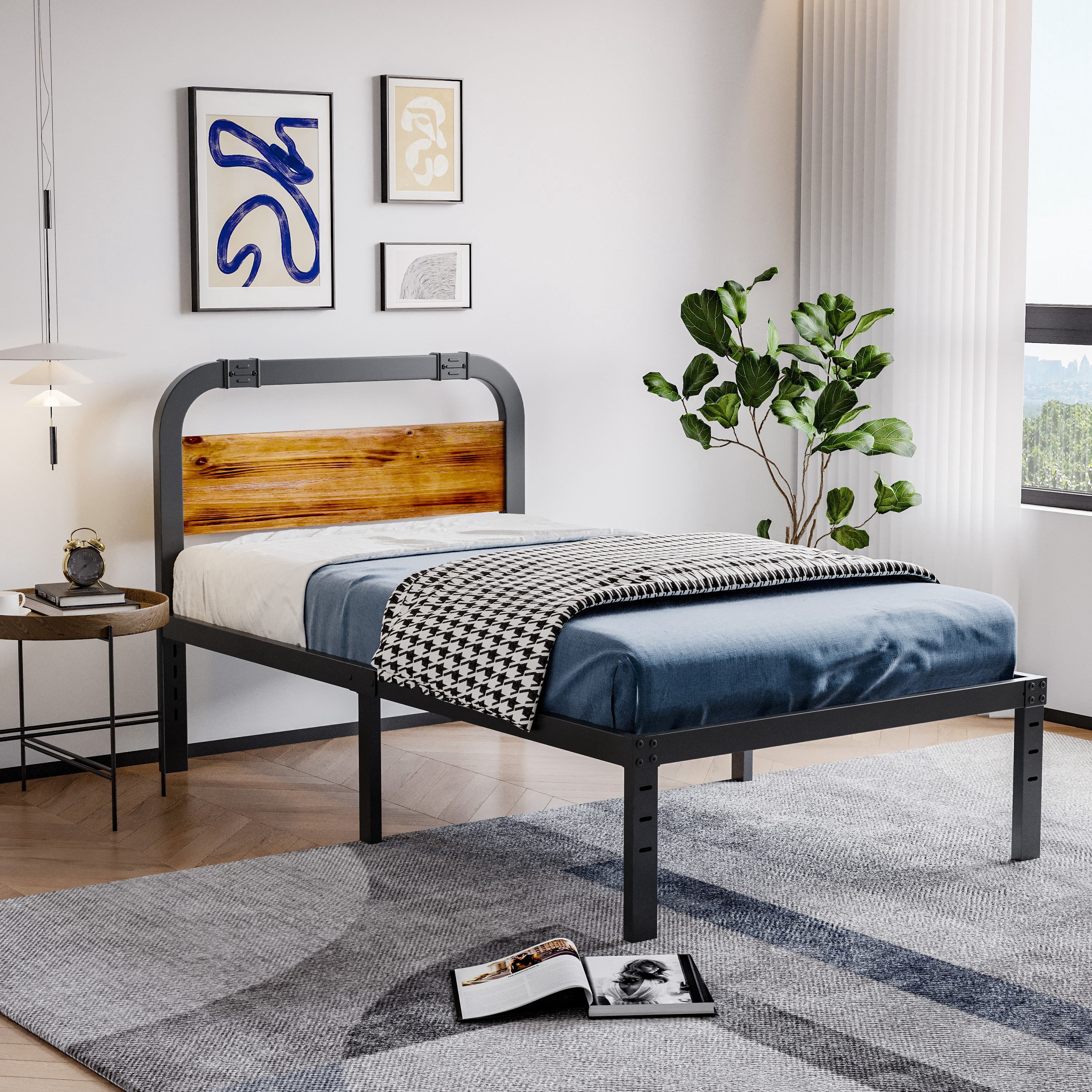 QFTIME 14 Twin XL Platform Bed Frame With Solid Wood Headboard Heavy Duty Steel Slats Mattress 