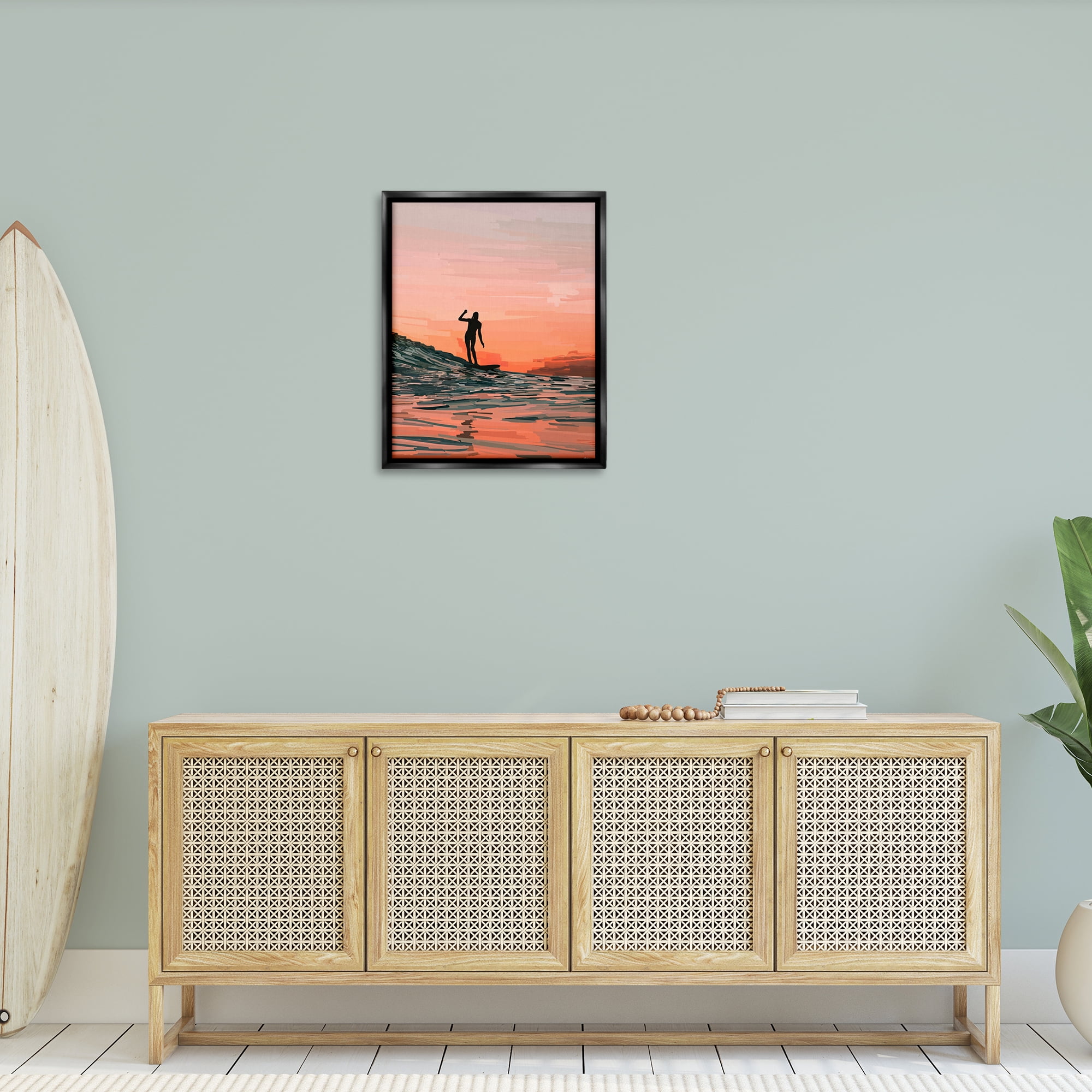 Stupell Industries Woman Surfing at Sunset Nautical & Beach Painting Black Floater Framed Canvas Art Print Wall Art, 25 x 31