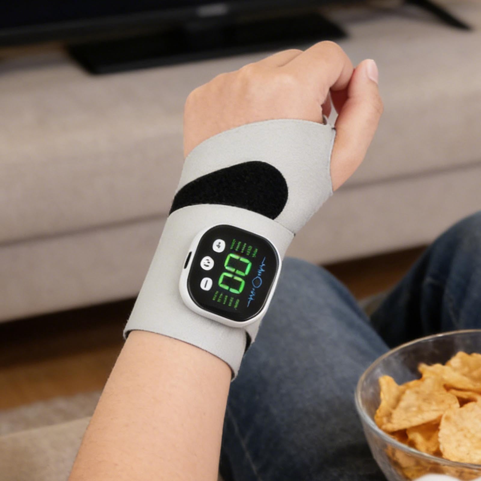 Rechargeable Adjustable Electric Wrist Massager, Cordless Wrist Heating Pad with Heat, 8 Massage Modes 30 Intensity Levels, Wearable Hand Heating Brace for Daily & Sports Use