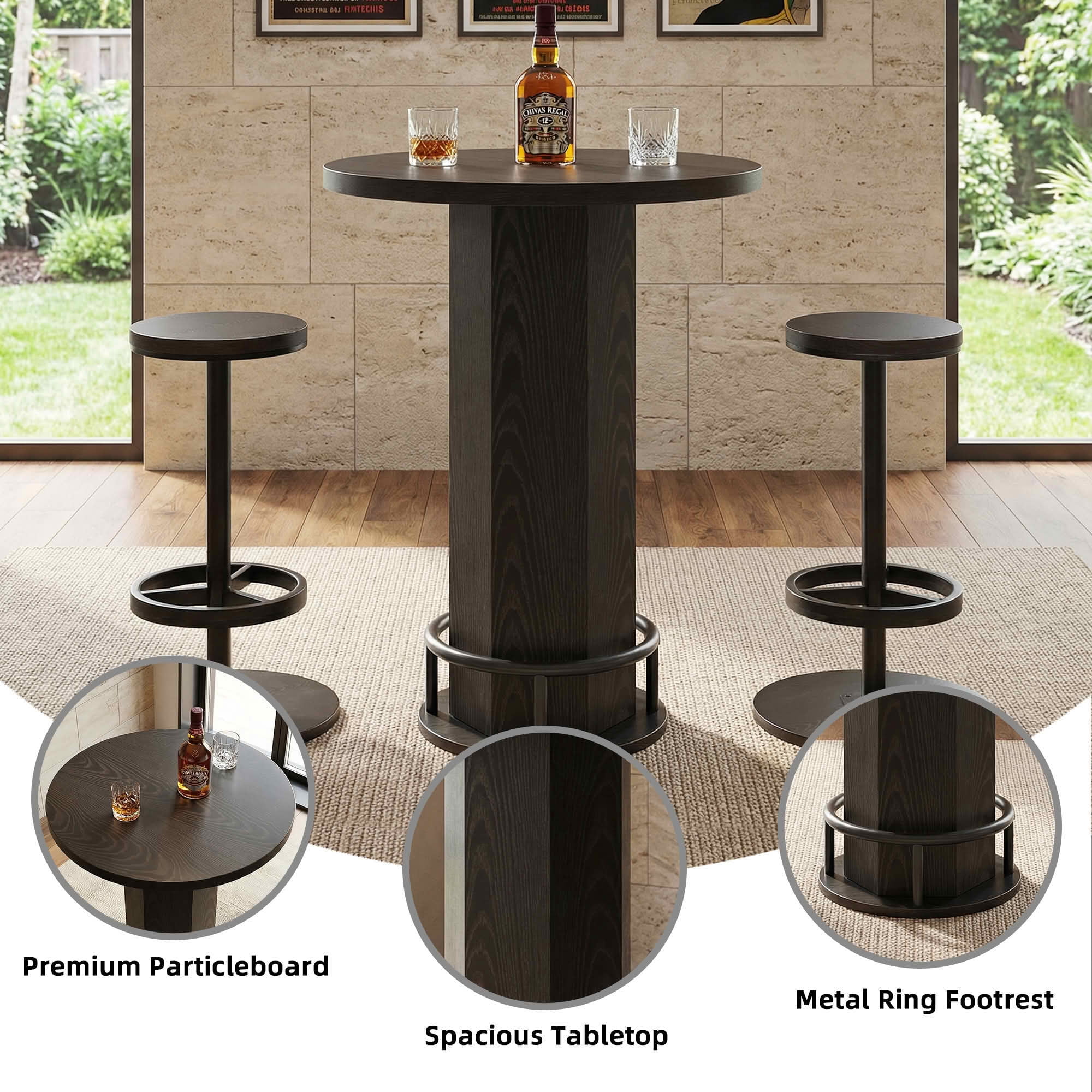 MAYEERTY Bistro Set with 2 Barstools, Round Pub Cocktail Table and Chairs, Modern Farmhouse Industrial Bar Height Dining Set for Small Space