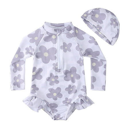 QWIED Swimsuit for Girls Toddler Kids Floral Summer Sunscreen Long Sleeve Ruffle One Piece Tankini with Cute Swimming Cap 2 Pack Swimwear Swim Suit Size 6-12Month