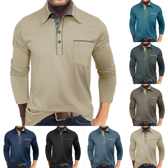YOIAVAIOY Men's Long Sleeve Polo Shirts Business Casual Collared T Shirts Soft Knitting Cotton Golf Shirt Lightweight Pullover Tees with Pocket Navy M