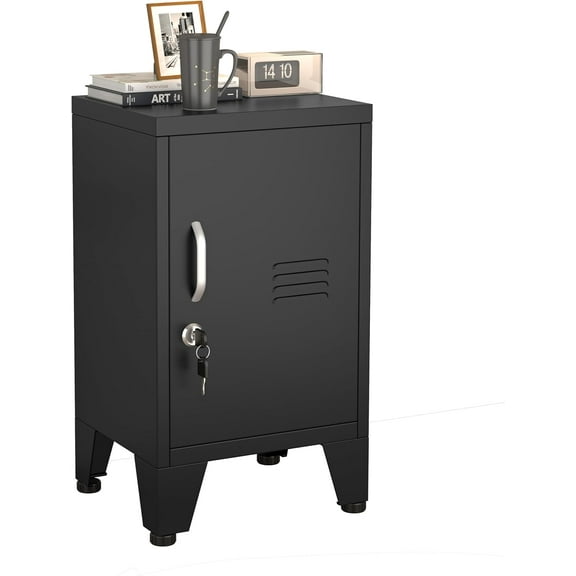 Black Metal NightStand Locker Storage Cabinet with 1 Doors, File Cabinet with Shelves, Storage Cabinet with Adjustable Leveling Foot for Home Office Living Room or Bed Room