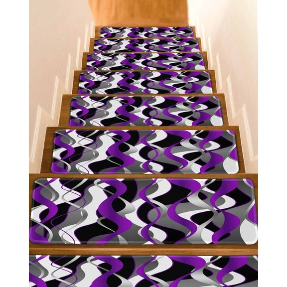 Stair Treads for Wooden Steps, Purple Stripe Peel and Stick Stair Treads with Adhesive, Black Grey White Gradient Striped Geometric Non Slip Indoor Stairs Runner Rugs Mats for Elders Dogs 8"x30"4PCS