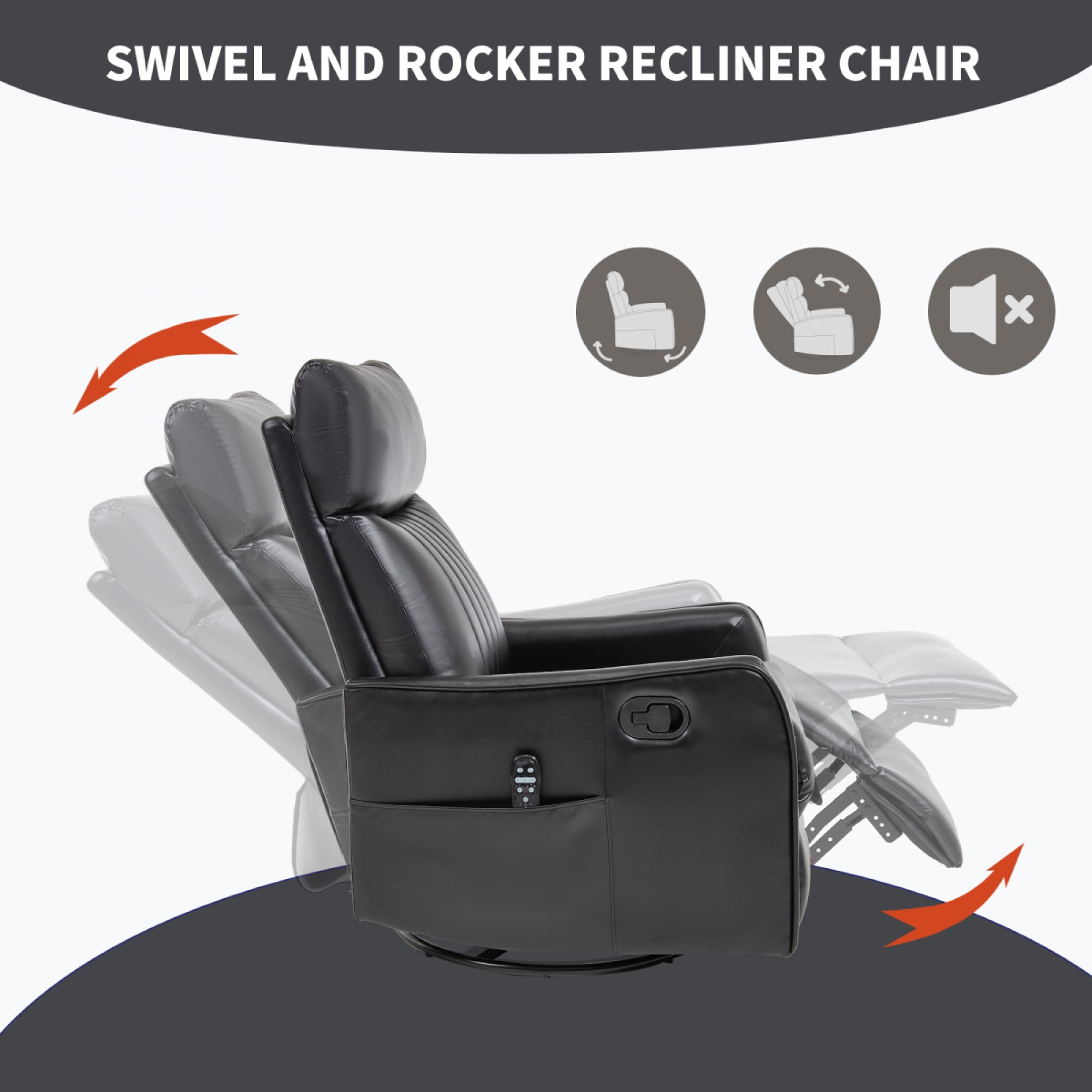 360 Swivel Rocking Recliner Chair for Adults, Nursery Rocking Chair with Heat and Massage, Glider Reclining Chair for Small Space, Living Room, Bedroom (PU, Black)