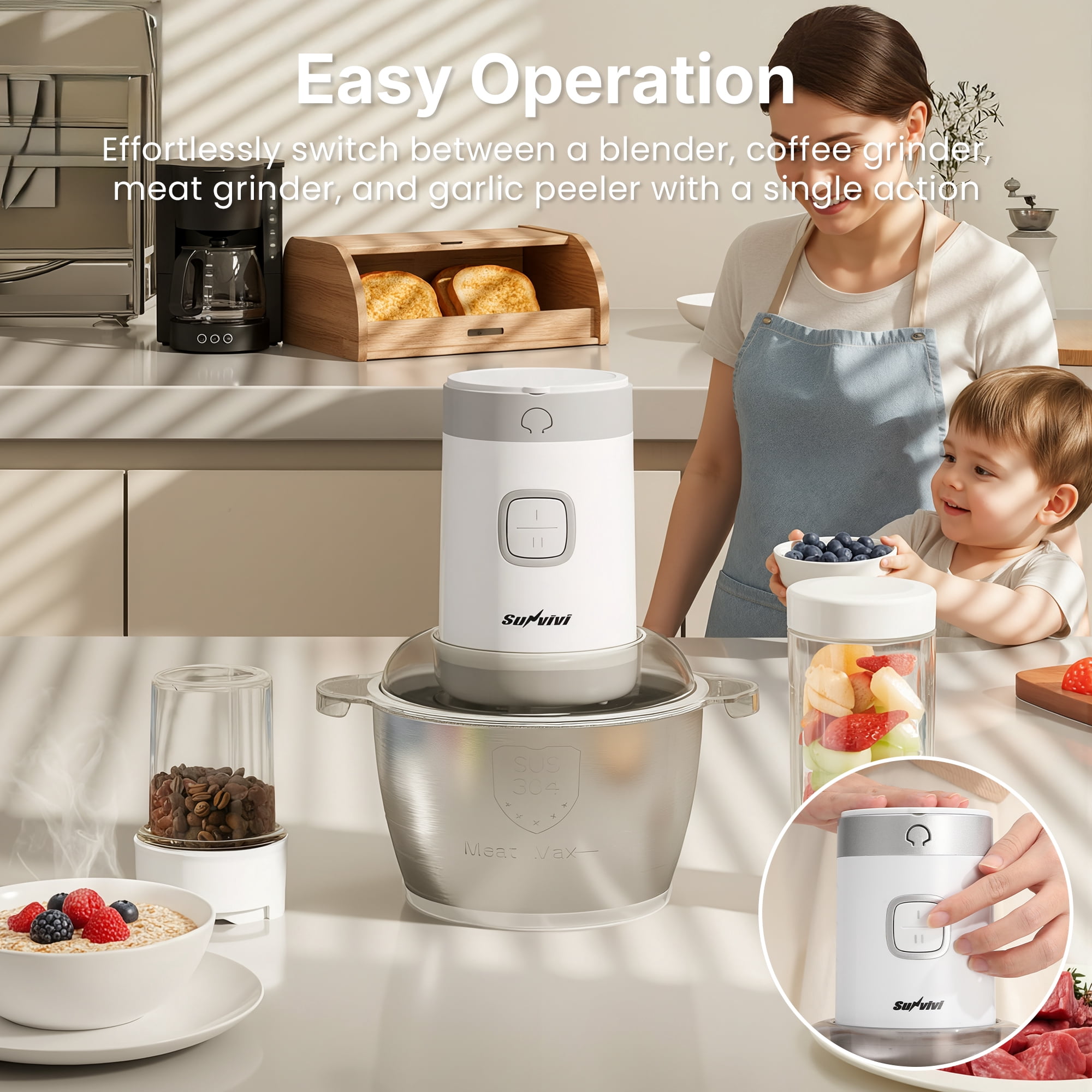 May in Color Portable Electric Food Processor, 350W 4-in-1 Blender with Stainless Steel Bowl, 2 Speed Control, Grinder & Juicer