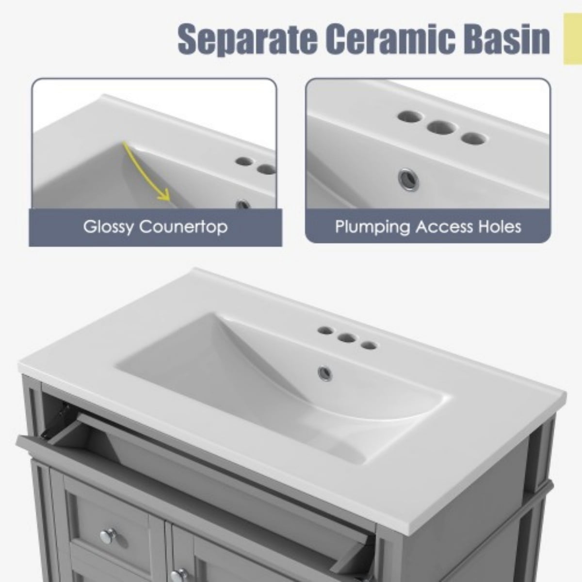 30" Bathroom Vanity with Sink, Modern Freestanding Bathroom Vanity Cabinet with Ceramic Sink, 3 Drawers & Tip-Out Drawer, Adjustable Shelf, White Storage Cabinet, Grey