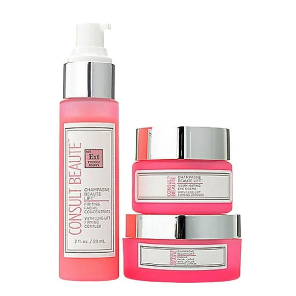 Consult Beaute - Champagne Beaute Lift - Ensemble 3 Pcs Raffermissant Visage, Cou et Yeux - Lift, Raffermit et Rajeunit la Peau Relâchée - Crème Hydratante et Sérum - Niac