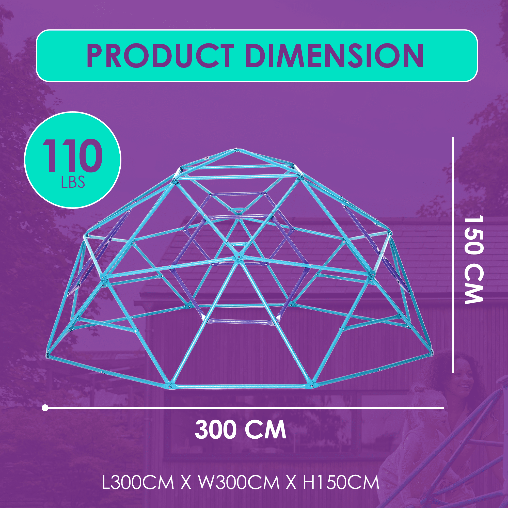 Plum Play Phobos, Jungle Gym, 5ft Climbing Dome - Kids Outdoor Play Equipment, Monkey Bars for Kids, Durable, Outdoor Playground, Metal, Rust Resistance, Easy Assembly, Ground Anchors, Teal & Purple