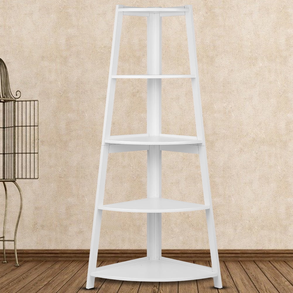 Kritne Wooden White Modern 5Tier Corner Ladder Shelf Bookshelf Storage