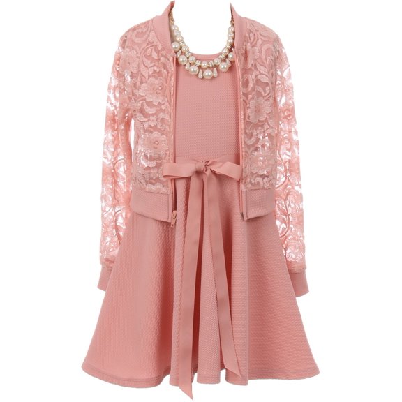 Little Girls Sleeveless Girls Dress 3 Pieces Set Lace Jacket Pearl Necklace Flower Girl Dress Blush 4 (J20KS96)