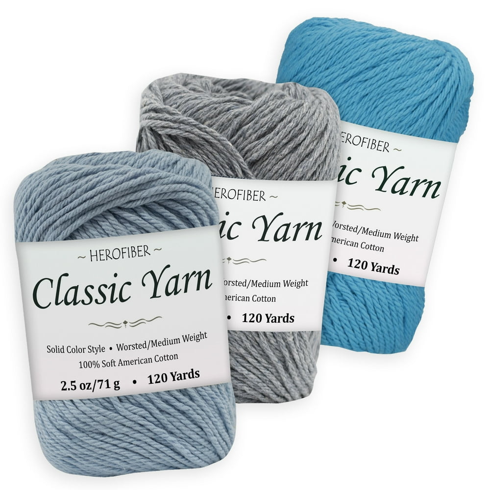 Cotton Yarn 3 Solid Colors [2.5 oz Each] Blue Glacier, Denim Light