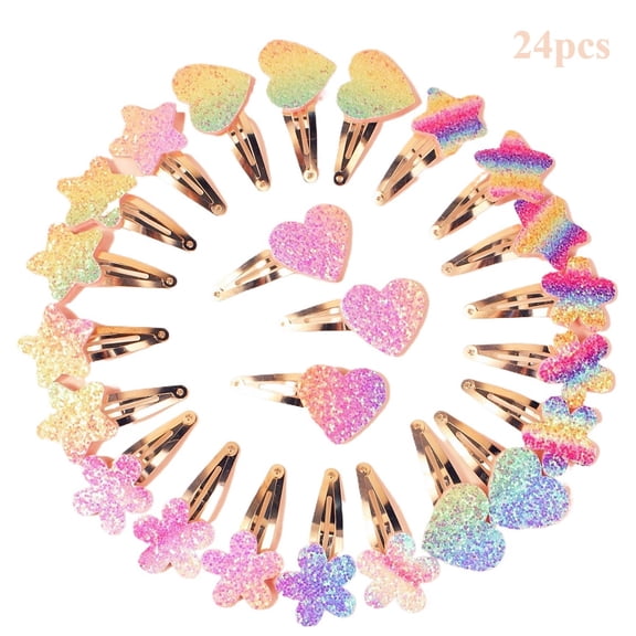 Hair Clips for Girls 24pcs Cute Glitter Toddler Hair Accessory Multicolor Shaped(1.18×2.36in)