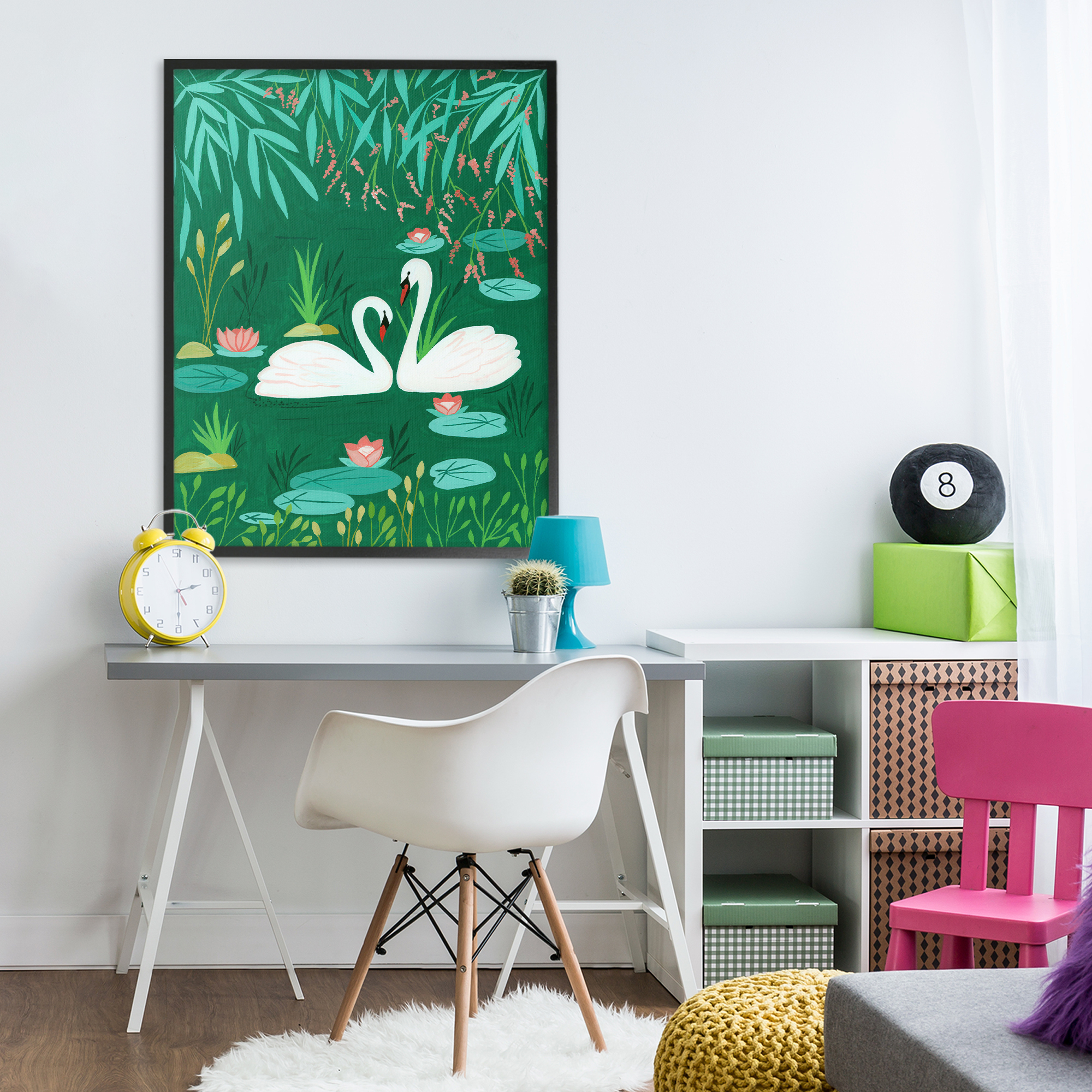 Swan Pair on Green Pond Black Framed Giclee Art, design by Nabeela Rumi